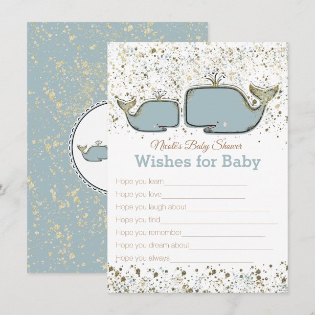 Blue & Gold Whales wünscht sich ein Baby Showspiel Einladung (Vorne/Hinten)