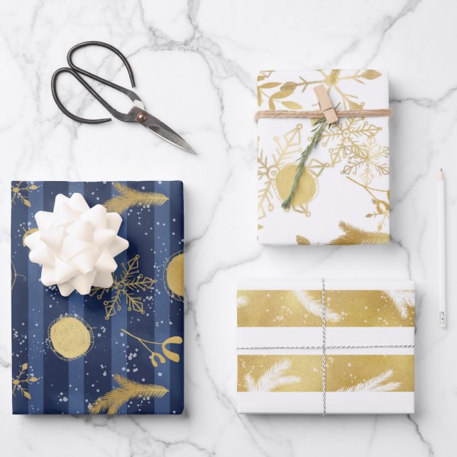 Blue Gold White Christmas Holiday Pattern Geschenkpapier Set (Vorderseite)