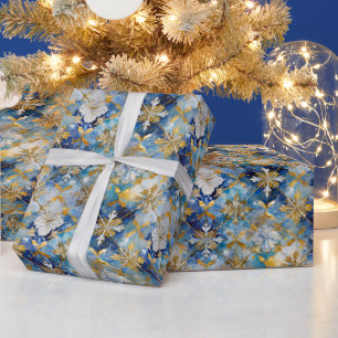 Blue Gold White Christmas Snowflakes Geschenkpapier