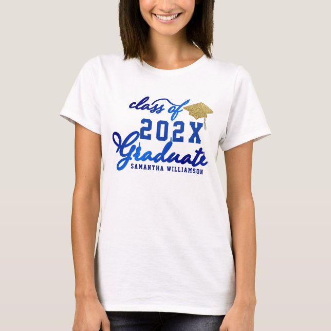 Blue Gold White Class 2025 Graduate Abschluss T-Shirt (Vorderseite)
