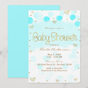 Blue Gold White Polka Dots & Hearts Baby Dusche Einladung