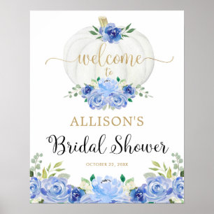 Blue gold white pumpkin bridal shower welcome sign poster