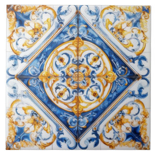 Blue Gold & White Talavera Azulejo Look Tile Fliese