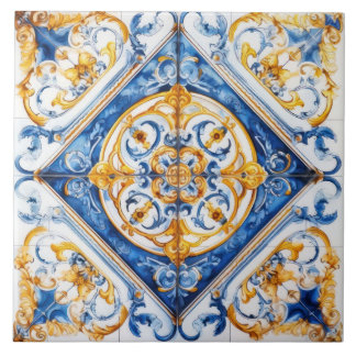 Blue Gold & White Talavera Azulejo Look Tile Fliese