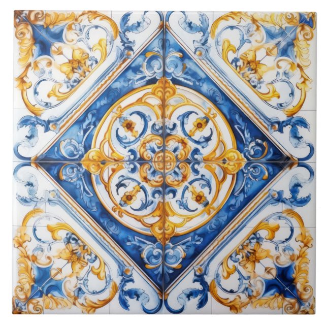 Blue Gold & White Talavera Azulejo Look Tile Fliese (Vorderseite)