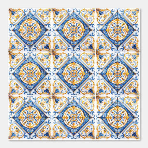 Blue Gold & White Talavera Azulejo Look Tile Tapete