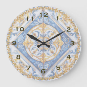 Blue Gold White Talavera Azulejo Look Wall Clock Große Wanduhr