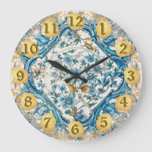 Blue Gold White Talavera Azulejo Look Wall Clock Große Wanduhr
