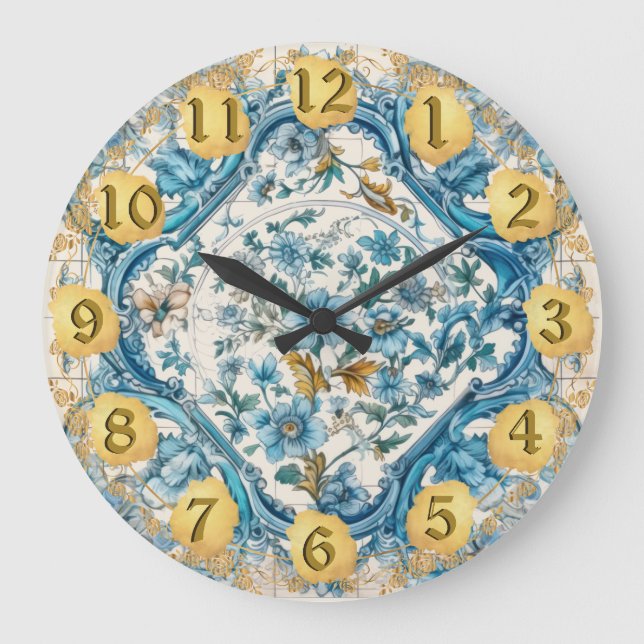 Blue Gold White Talavera Azulejo Look Wall Clock Große Wanduhr (Vorderseite)