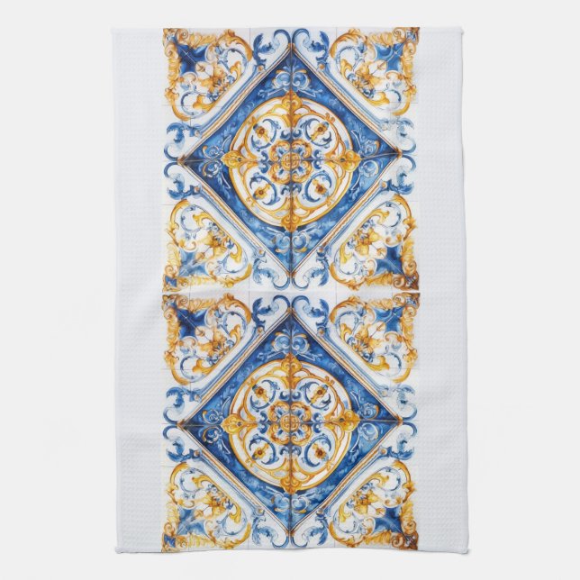 Blue Gold & White Talavera Azulejo Tile Look Geschirrtuch (Vertikal)
