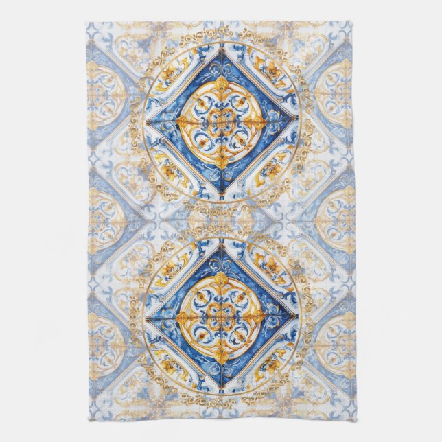 Blue Gold & White Talavera Azulejo Tile Look Geschirrtuch (Vertikal)