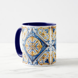 Blue Gold & White Talavera Azulejo Tile Look Tasse