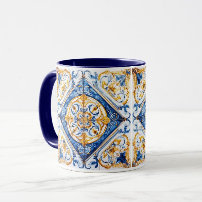 Blue Gold & White Talavera Azulejo Tile Look Tasse (Vorderseite Links)