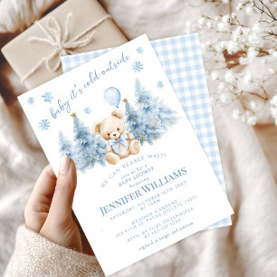 Blue Gold Winter Trees Teddy Bear Baby Boy Dusche Einladung