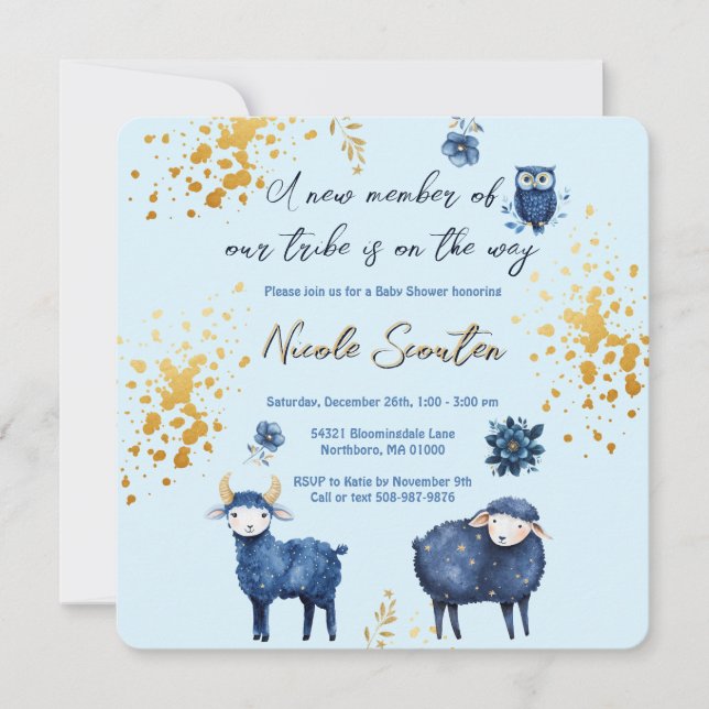 Blue Gold Woodland Baby Dusche Save the Date (Vorderseite)