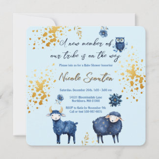 Blue Gold Woodland Baby Dusche Save the Date