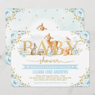 Blue Gold Woodland Boy Baby Shower Forest Animes Einladung
