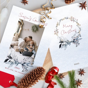 Blue Gold Wreath Couple Family Ein Foto Weihnachte Feiertagskarte