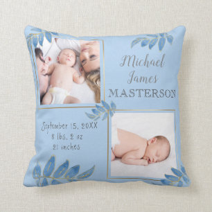 Blue Gold Zwei Foto Baby Girl Birth Stats Kissen
