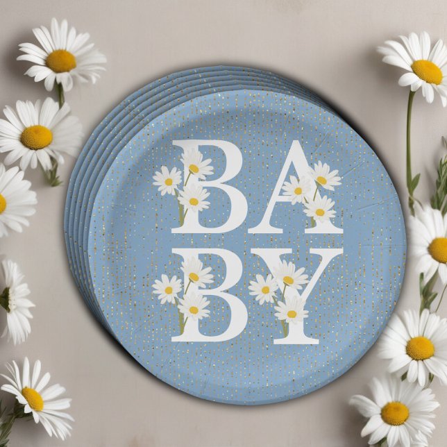 Blue Golden Daisy Glitzer Glow Baby Dusche Pappteller (Von Creator hochgeladen)