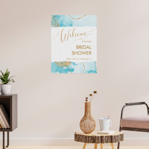 Blue Golden Lake Watercolor Brautparty Willkommen Poster