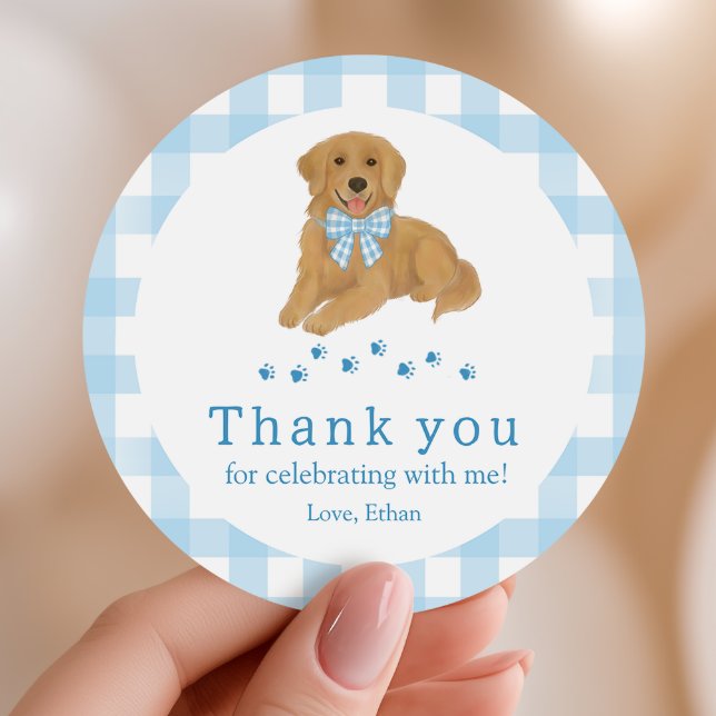 Blue Golden Retriever Birthday Thank You Favor Runder Aufkleber (Von Creator hochgeladen)