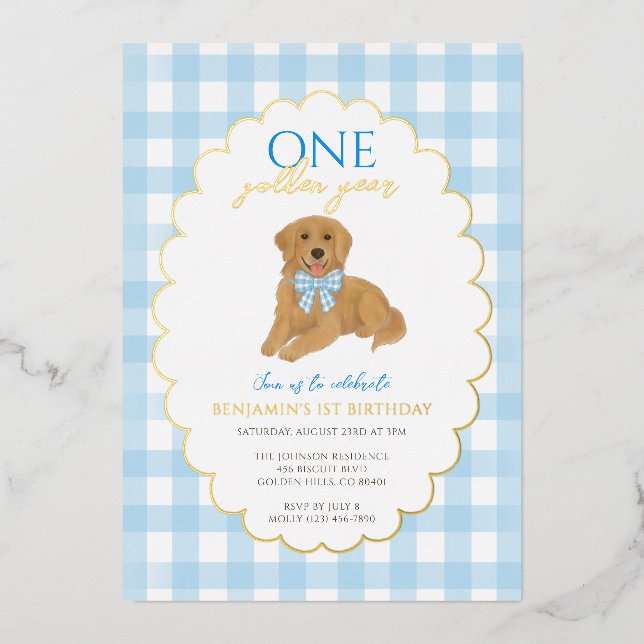 Blue Golden Retriever Puppy Pawty 1. Geburtstag Folieneinladung (Vorderseite)