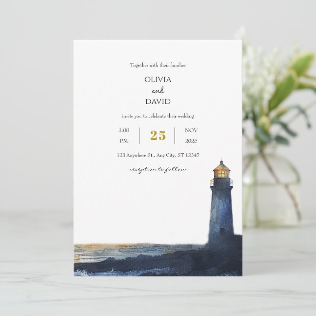 Blue Golden Sunset Lighthouse Beach Hochzeit Einladung (Stehend Vorderseite)