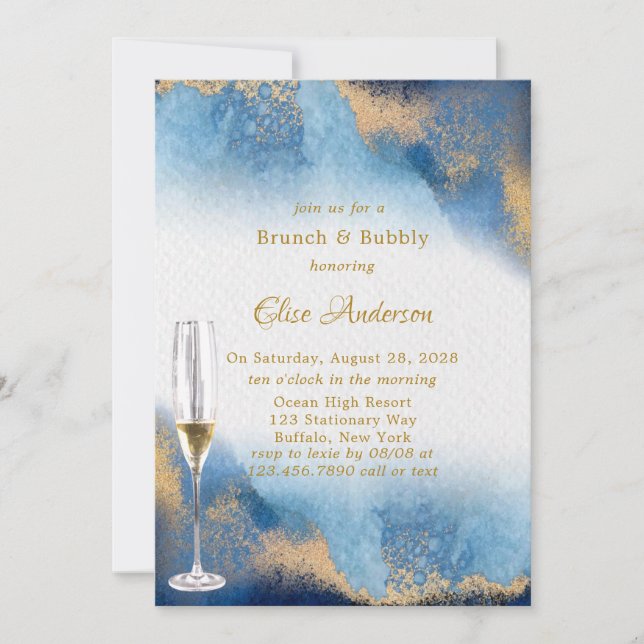 Blue Golden Watercolor Brunch & Bubbly Einladung (Vorderseite)