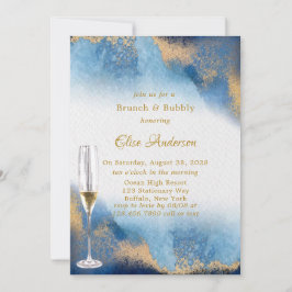 Blue Golden Watercolor Brunch & Bubbly Einladung