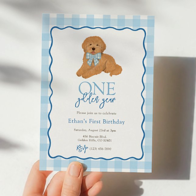 Blue Goldendoodle Dog Golden Year First Birthday Einladung (Von Creator hochgeladen)