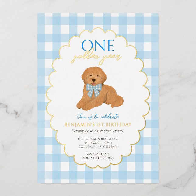Blue Goldendoodle Puppy Dog Pawty 1st Birthday Folieneinladung (Vorderseite)