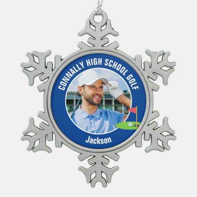 Blue Golfer Photo High School Golf Team Schneeflocken Zinn-Ornament (Vorderseite)