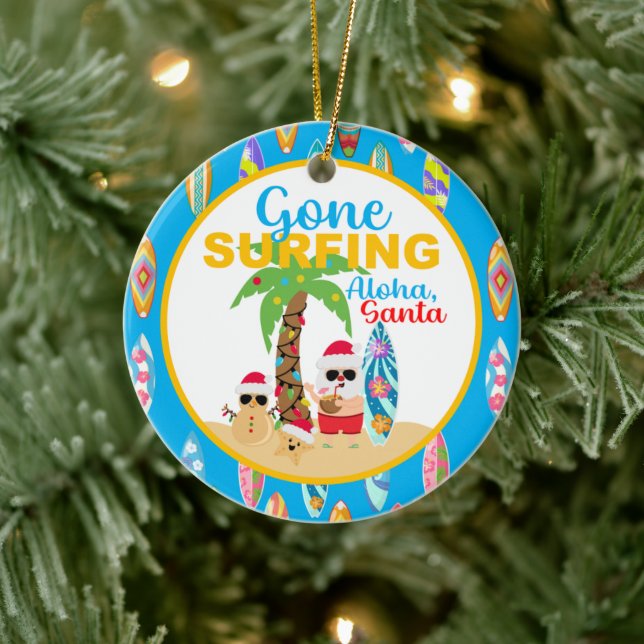 Blue Gone Surfing Santa Keramik Ornament (Baum)