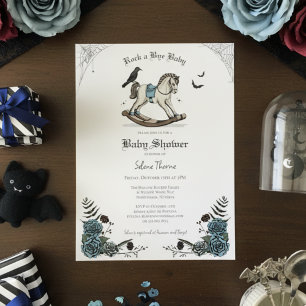 Blue Gothic Floral Rocking Horse Baby Shower Einladung