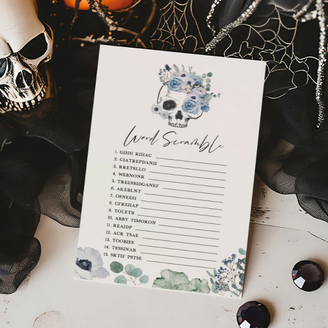 Blue Gothic Floral Skull Word Scramble Game (Floral Skull Baby Shower Word Scramble Game)