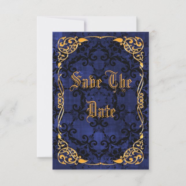 Blue Gothic & Gold Gerahmt 60. Save the Date (Vorderseite)