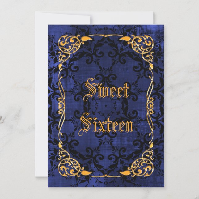 Blue Gothic & Gold Gerahmt Sweet 16 Einladung (Vorderseite)