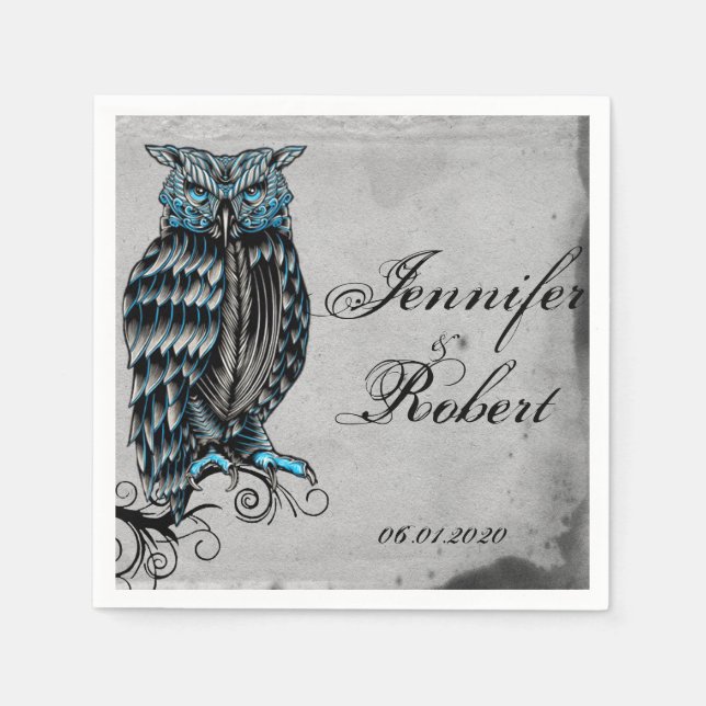 Blue Gothic Owl Posh Wedding Napkin Serviette (Vorderseite)