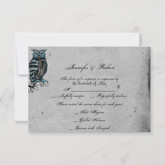 Blue Gothic Owl Posh Wedding Response Card RSVP Karte (Vorderseite)