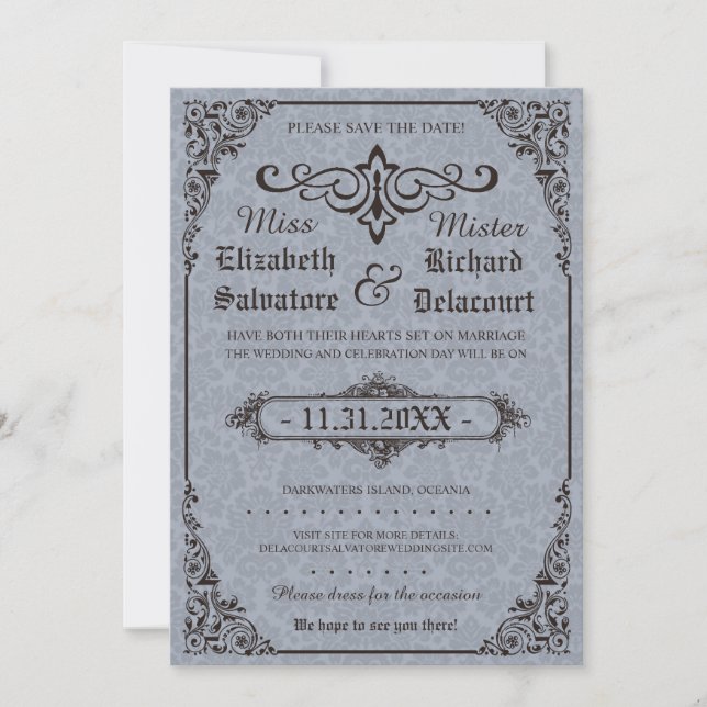 Blue Gothic Viktorianisch Damask Speichern Sie die Save The Date (Vorderseite)