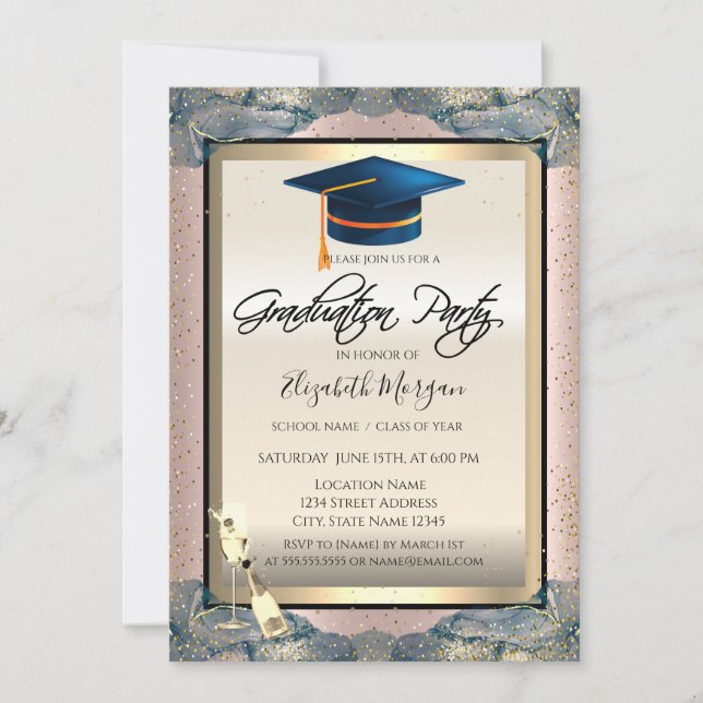 Blue Grad Cap, Wein, Confetti Rose Gold Abschluss Einladung (Vorderseite)