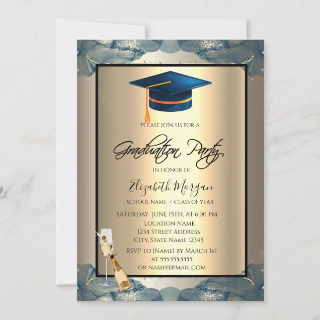 Blue Grad Cap, Wein, Glass Champagne Einladung (Vorderseite)