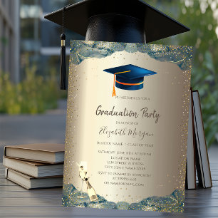 Blue Grad Cap, Wine Glass Confetti Abschluss Einladung