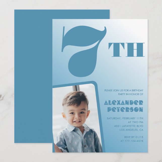 Blue Gradient 7. Geburtstag Einladungen Foto (Vorne/Hinten)