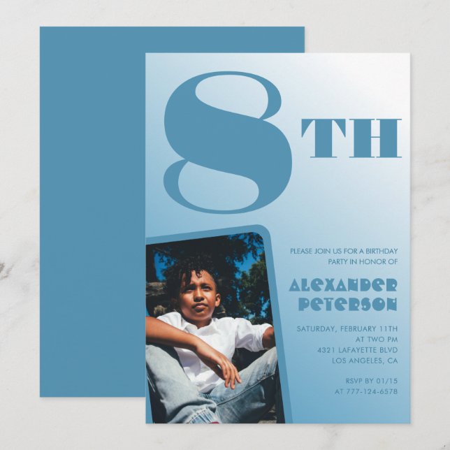 Blue Gradient 8. Geburtstag Einladungen Foto (Vorne/Hinten)