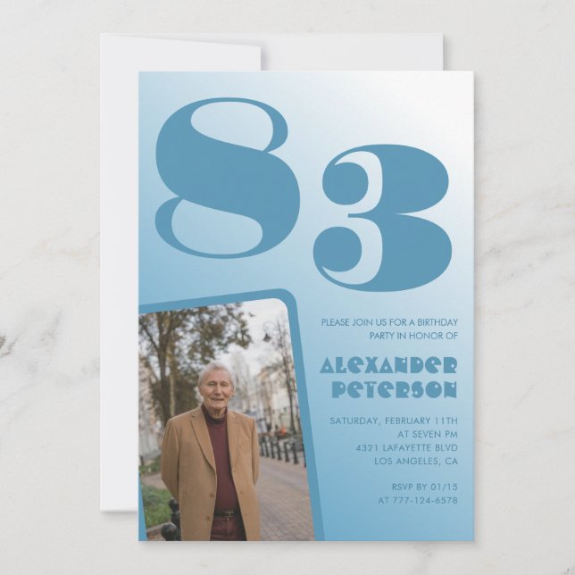 Blue Gradient Foto 83. Geburtstag Einladung (Vorderseite)