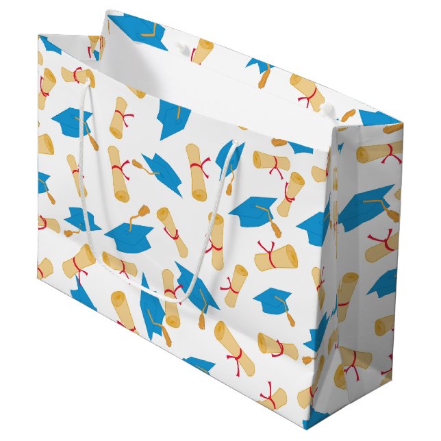 Blue Graduate Cap und Diplommuster Große Geschenktüte (Vorderseite Schrägansicht)