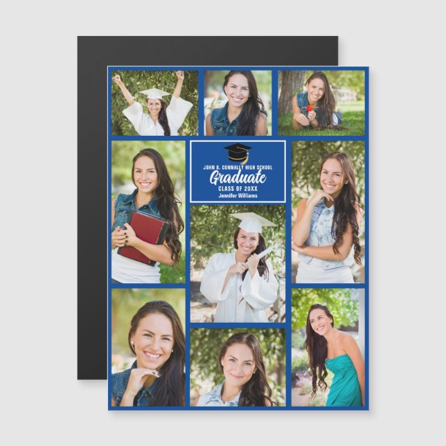 Blue Graduate Foto Collage Abschluss Magnet Card (Vorne/Hinten)