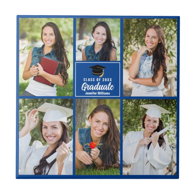 Blue Graduate Foto Collage Custom Abschluss Fliese (Vorderseite)